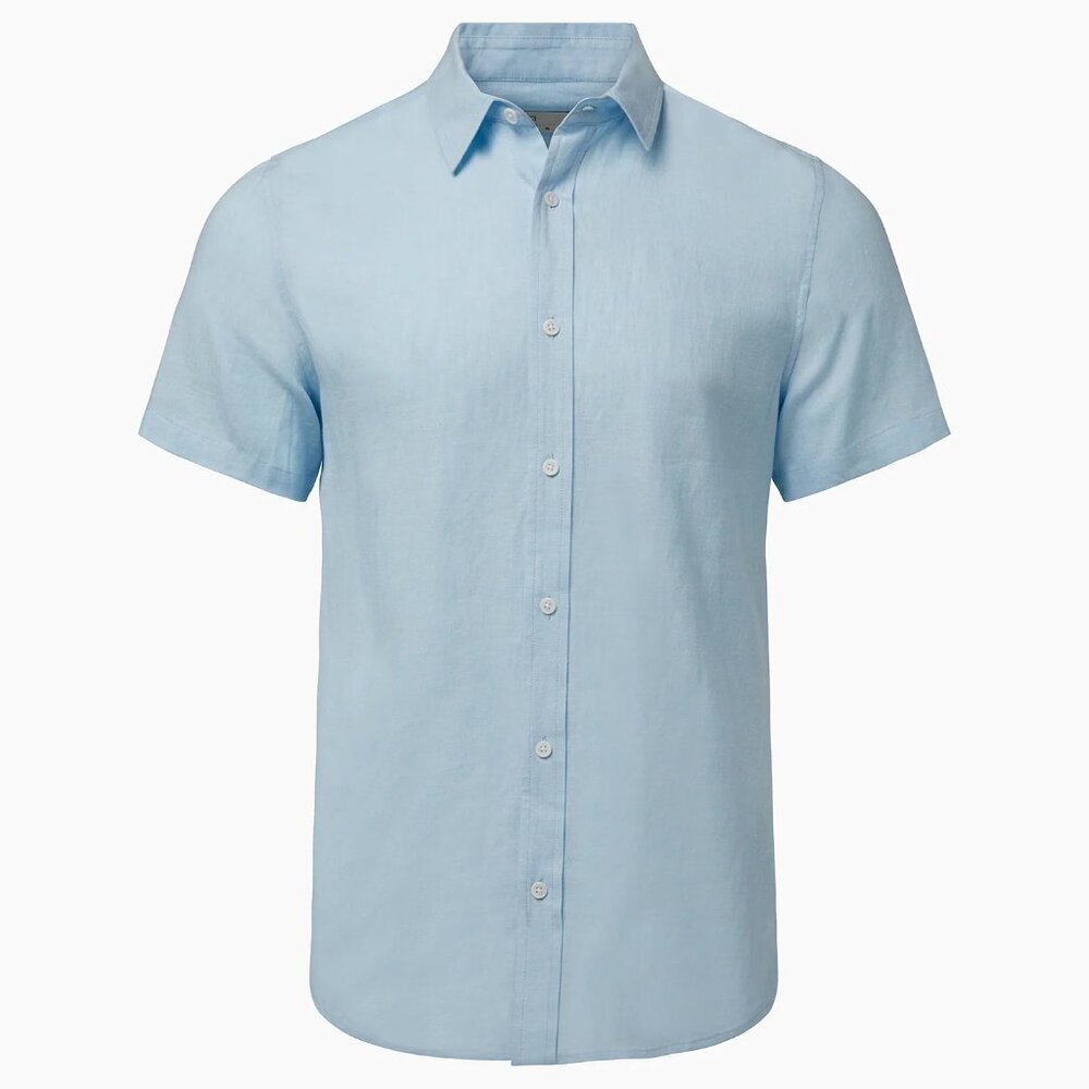 NWT Onia Men's Standard Short Sleeve Linen Shirt Chambray Cool Blue